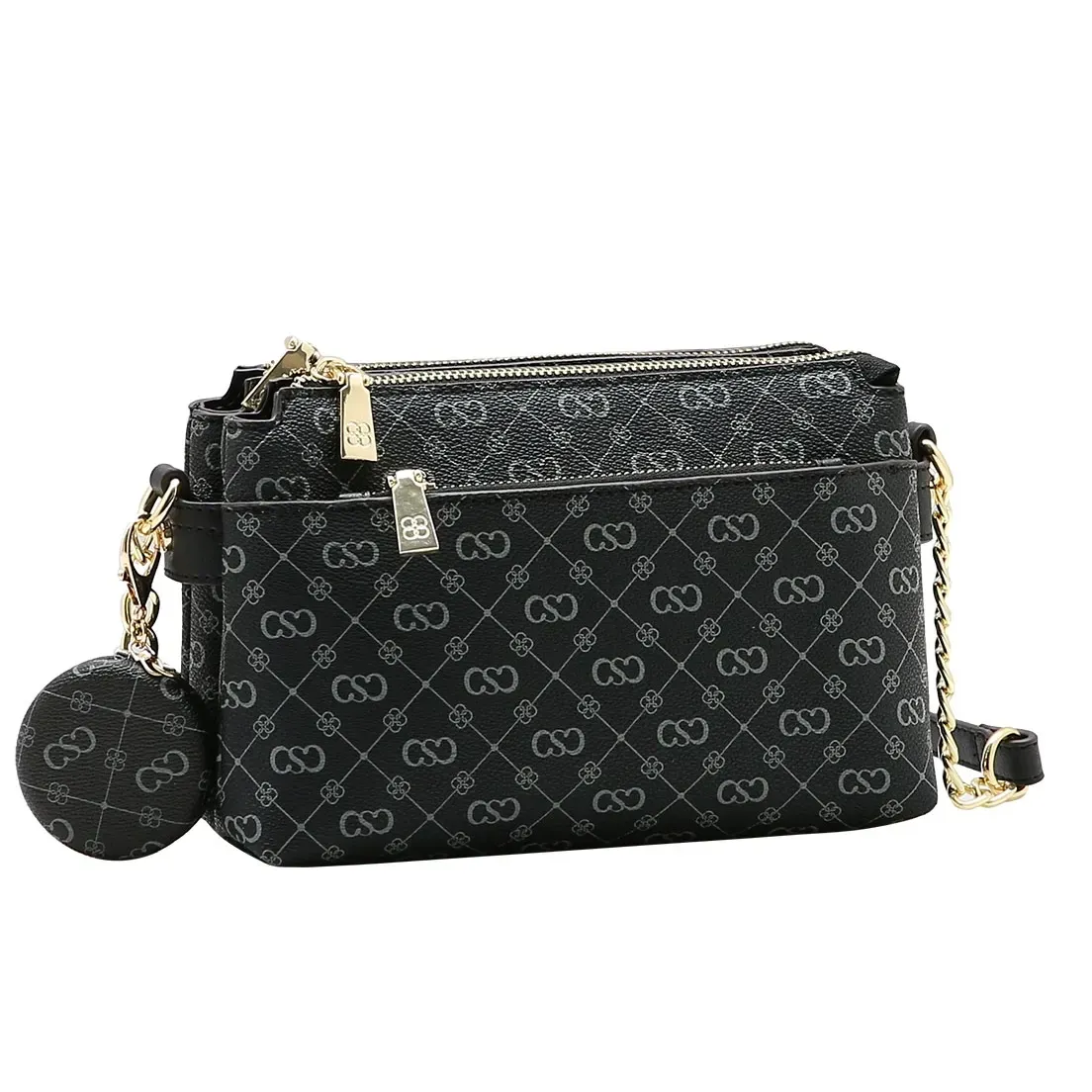 Bolsa transversal Chenson Elegance monograma feminina preta vista frontal
